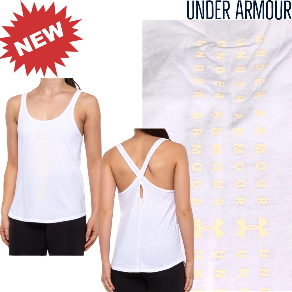🆕 Under Armour Graphic HeatGear® Tank Top White w/ yellow print